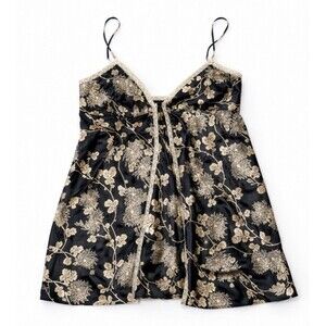 Victoria’s Secret Satin Floral Chemise Slip Black Gold Lace Trim XL Y2K 2002